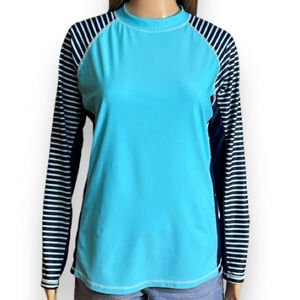 Long Sleeve Swim Top Aqua Blue and Navy Women's Size Large